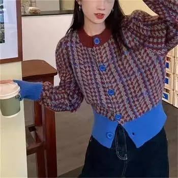 Кардиган женский осенний новый свободный вязаный кардиган с круглым вырезом в клетку «Тысяча птиц» с длинными рукавами, однобортный свитер, куртка One Size жёлтый