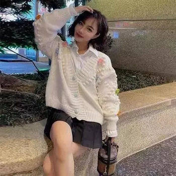 Кардиган, женский повседневный осенний свитер с длинными рукавами, свободный свитер с объемным цветком и v-образным вырезом, женские топы One Size розовый