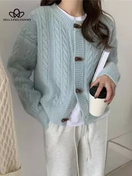 Кардиган женский повседневный свитер ретро серый однотонный свободные карманы однобортный с круглым вырезом модный универсальный джемпер женские топы верхняя одежда one size розовый