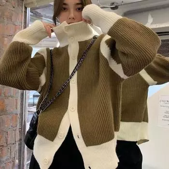 Кардиган, женский свитер 2022, весенний шикарный контрастный цветной дизайн, нишевый свитер, женский топ с длинными рукавами One Size чёрный