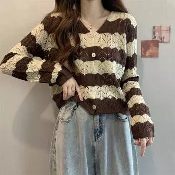 Кардиган, женский свитер 2023, тонкий полый, с v-образным вырезом, в полоску, весенняя одежда, мягкий вязаный кардиган с длинными рукавами, короткий свитер для женщин One Size чёрный