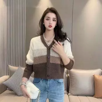 Кардиган, женский свитер 2023, весенний свитер с v-образным вырезом и длинными рукавами, вязаный универсальный полосатый свитер в стиле вестерн, кардиган, женский топ One Size синий