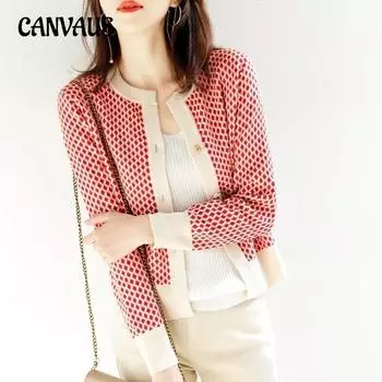 Кардиган женский свитер клетчатая куртка осенние топы с длинными рукавами узкий короткий трикотаж One Size красный