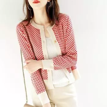 Кардиган женский свитер клетчатая куртка осенние топы с длинными рукавами узкий короткий трикотаж One Size красный