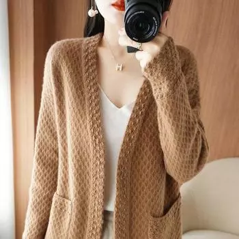 Кардиган, женский свитер на осень и зиму, верхняя одежда с v-образным вырезом, полый свитер, свободный вязаный кашемировый свитер, женские топы One Size жёлтый