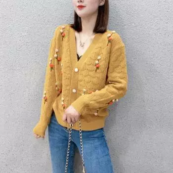 Кардиган, женский свитер, осень 2022, новый топ с v-образным вырезом, вязаный кардиган, темпераментный жаккардовый свитер, женские топы
