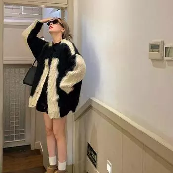 Кардиган, женский свитер, популярный в 2023 году Гонконгский стиль, ретро-шик, уникальный дизайн, контрастный вязаный свитер с длинными рукавами, женский топ One Size чёрный