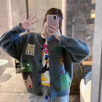 Кардиган женский свитер свободный контрастный вязаный свитер 2023 пальто женский осенне-зимний свитер с длинными рукавами и круглым вырезом женский кардиган One Size серый