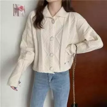 Кардиган, женский свитер, весна-осень 2022, свободный свитер, трикотаж с жареным тестом, топ с высокой талией, женский свитер с длинными рукавами