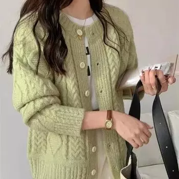 Кардиган женский свободный прошитый верх однобортный свитер с круглым вырезом теплый модный длинный рукав вязаный свитер осень-зима верхняя одежда One Size серый