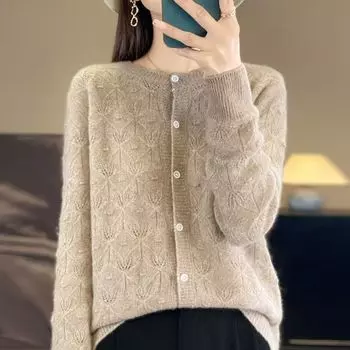 Кардиган женский тонкий ажурный вязаный кардиган вязаный круглый вырез с длинными рукавами свитер куртка 2XL