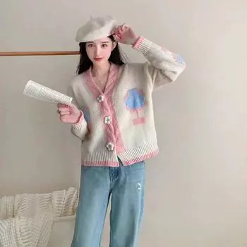 Кардиган женский, весна-осень 2023, нежный и милый вязаный кардиган контрастного цвета, зарубежный свитер уменьшенного возраста, женское пальто
