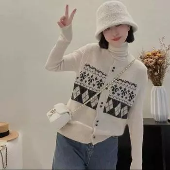 Кардиган-жилет 2022, осенне-зимний жаккардовый вязаный кардиган без рукавов, цветной контрастный свитер, женский