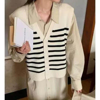 Кардиган, жилет, осенний свободный свитер, черный и белый полосатый топ без рукавов, майка, вязаный кардиган, жилет, свитер, женское верхнее пальто One Size чёрный