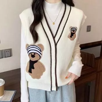 Кардиган, жилет, свитер, осень и зима 2022, свитер без рукавов с вышивкой медведя и v-образным вырезом, вязаный короткий жилет, женские топы One Size бежевый