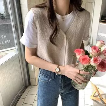 Кардиган-жилет вязаный женский 2023 весна и осень новый однотонный кардиган с v-образным вырезом без рукавов вязаный свитер кардиган женские топы One Size чёрный