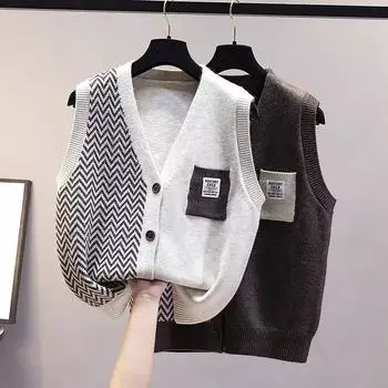 Кардиган, жилет, женская верхняя одежда без рукавов, весенне-осенний вязаный жилет, свободный корейский женский удобный вязаный жилет с v-образным вырезом XXXXL чёрный