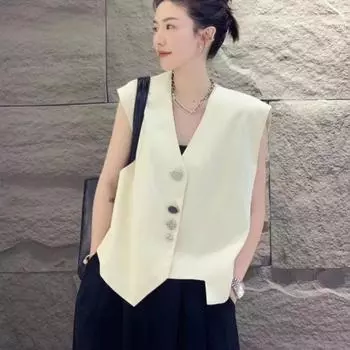 Кардиган, жилет женский, лето 2023, нерегулярный, с нежной пряжкой, v-образным вырезом, без рукавов, повседневный консольный, европейский модный женский жилет One Size чёрный