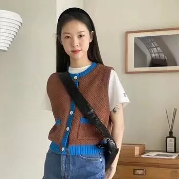 Кардиган, жилет женский, осень-лето 2023, вязаный жилет контрастного цвета с пряжкой, модный универсальный пригородный жилет одинакового цвета