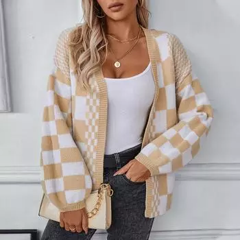 Кардиганы для женщин Свободные повседневные свободные кардиганы с длинными рукавами и открытым передом, дышащие кардиганы, пальто, женские вязаные кардиганы в клетку, свитера, куртки S хаки