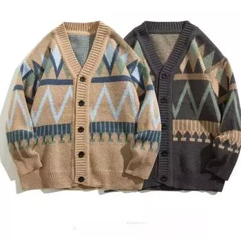 Кардиганы мужские классические продвинутые молодежные японские стильные с V-образным вырезом вставки осень-зима свободный трикотаж популярные свитера кардиганы M хаки