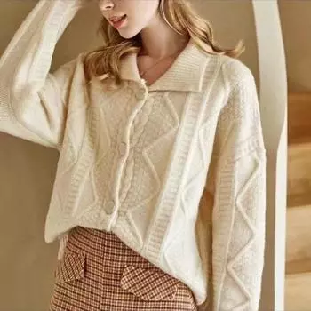 Кардиганы, свободный свитер с лацканами, женский весенне-осенний 2022, однотонный вязаный кардиган из жареного теста, верхняя одежда, зарубежный свитер One Size бежевый