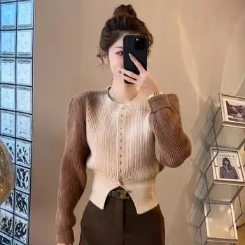 Кардиганы в стиле вестерн с круглым вырезом и длинными рукавами, вязаный свитер с градиентом для осени и зимы, новый топ one size зелёный