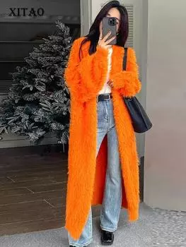 Кардиганы XITAO, однотонные вязаные свитера, темпераментные свободные модные женские свитера DMJ3669 One Size оранжевый