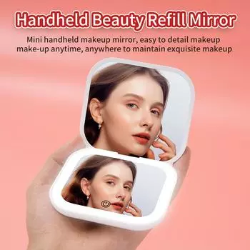 Карманное светодиодное компактное дорожное зеркало для макияжа с подсветкой, портативное складное ручное косметическое 2-кратное увеличение, маленькое для рождественского подарка белый