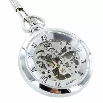 Карманные часы BROWN 5 цветов на выбор, механические, с ручным заводом, скелетонированные, с цепочкой, карманные часы [коричневые] (BN-925J-WW Серебристый) [Элемент]