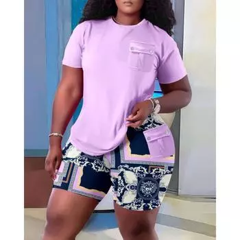 Карманные футболки с короткими рукавами и круглым вырезом с принтом, женские весенне-летние повседневные короткие штаны, комплект из 2 предметов S