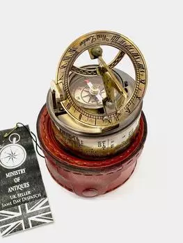 Карманный компас с календарем и солнечными часами в кожаном футляре, винтажный морской компас с кнопкой, массивный стеклянный верх из цельной латуни, солнечные часы-компас