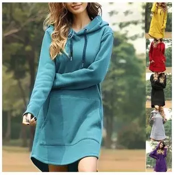 Карманный Kpop толстовка с капюшоном длинный стиль женский повседневный свободный однотонный свитшот пуловер платье плюс размер XXXXXL чёрный