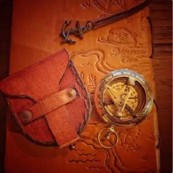 Карманный латунный компас с кожаным футляром Латунный морской навигационный компас Солнечные часы