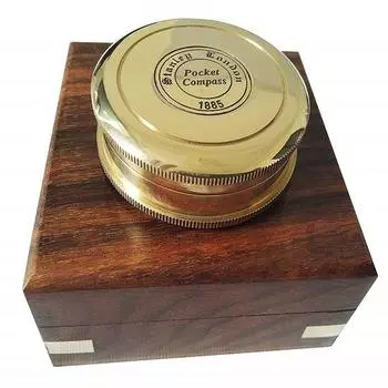 Карманный поэтический циркуль диаметром 5,84 см с деревянной коробкой. Винтажный латунный компас