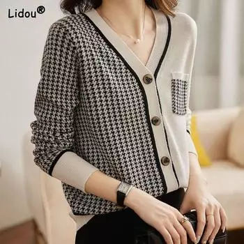 Карманы на пуговицах V-образный вырез Лоскутная асимметричная винтажная женская одежда 2022 Осень Зима Толстые пуловеры Вязаная решетка Графический L белый