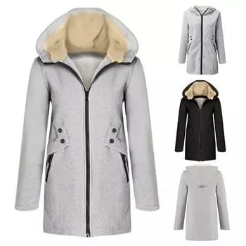 Карманы с длинными рукавами и планкой на молнии, облегающее женское пальто, зимнее пальто с капюшоном на флисовой подкладке, повседневное пальто средней длины, повседневная одежда 2XL серый
