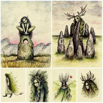 Карнавальное настенное искусство эльфов джунглей, картина маслом, искусство ведьмы зеленых волос 21cm30cm NoFrame