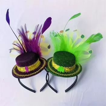 Карнавальный обруч с перьями Ирландская фетровая шляпа для вечеринки Фиолетовый, фиолетовый, желтый и зеленый обруч для волос Украшение для волос One Size зелёный