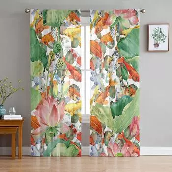 Карп Цветок Пруд Листья Лотоса Тюль Оконные Шторы Гостиная Пряжа Из Органзы Прозрачная Вуаль Шторы Спальня Кухня Домашний Декор Драпировка W135 x H115cm x1