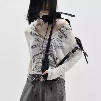 Karrcat Grunge Aesthetics Топы Cyber Y2k Футболка с v-образным вырезом Укороченный топ в стиле панк Готический шик Дизайнерская одежда Альтернативная уличная одежда S белый