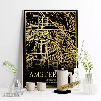 Карта Амстердама, Нидерланды. Рисование линий. Художественный принт. Плакат. Современный минимализм.