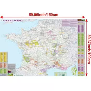 Карта Франции - Карта распространения вина - Бескаркасный образовательный настенный декор, Подарок для изучающих язык и любителей географии 150*100cm