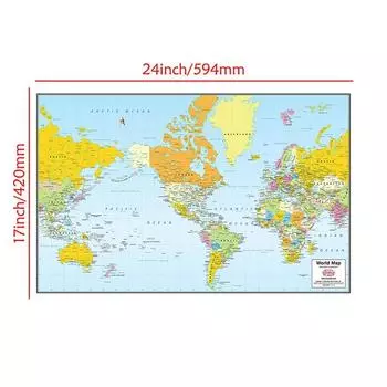 Карта мира без национальных флагов-Образовательные принты Настенное искусство Фоновая ткань Обучение,Географический,Туризм/Образовательный инструмент 24*17inch (59*42cm)