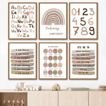 Карта мира, цифры, алфавит, чувства, Радуга, бохо, детские художественные постеры, принты, картина на холсте, настенные панно, декор для детской комнаты 21x30cm No Framed