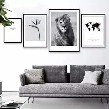 Карта мира холст Лев плакат животный принт настенная художественная живопись декоративная картина для гостиной черный и белый современный домашний декор 21x30cm No Framed