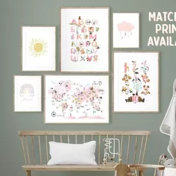 Карта мира животных алфавит ABC номер солнце облако плакат настенная живопись на холсте детская печать настенные картины декор для детской комнаты A4 21X30cm No Framed