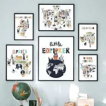 Карта мира животных, исследователь, детская комната, настенная живопись на холсте, плакаты на скандинавскую тему и принты, настенные панно для украшения детской спальни A4 21X30cm No Framed