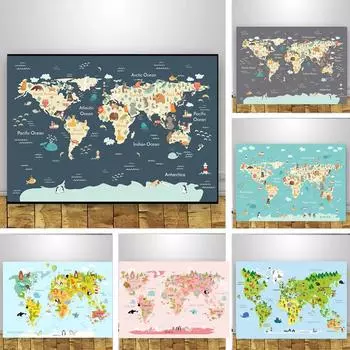 Карта мира животных, картина на холсте с героями мультфильмов, настенная живопись для детской комнаты, печать плакатов для детей, спальни, скандинавские фотографии, декор для детской комнаты, без рамки 21*30cm