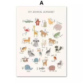 Карта мира животных, мультяшный алфавит, номер, диаграмма погоды, художественная картина на холсте, плакаты на скандинавскую тему, принты, настенные панно, декор для детской комнаты, без рамки 21*30cm
